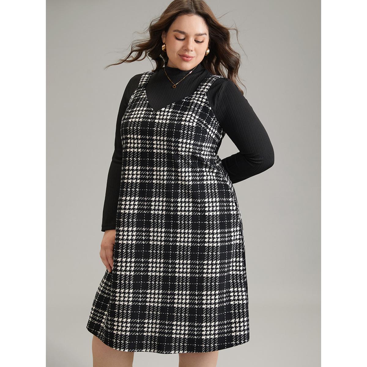Plus Size Corduroy Plaid Pocket Cami Dress Black Women Elegant Printed Spaghetti Strap Sleeveless Curvy Midi Dress BloomChic 18-20/2X Product Image