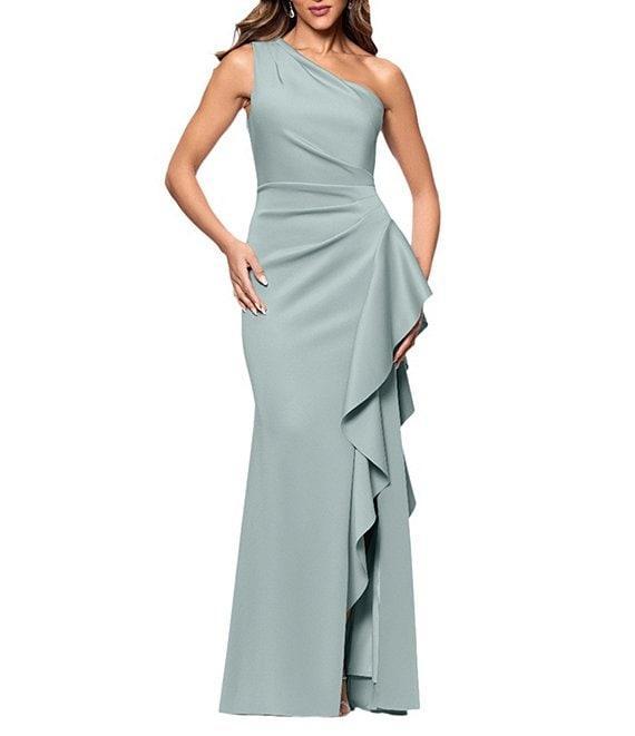 Xscape One Shoulder Side Ruffle Scuba Crepe Gown Product Image