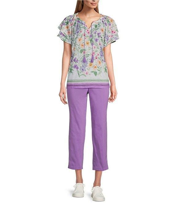 Allison Daley Wildflower Border Print Flutter Sleeve Tassel Tie Neck Knit Top Product Image
