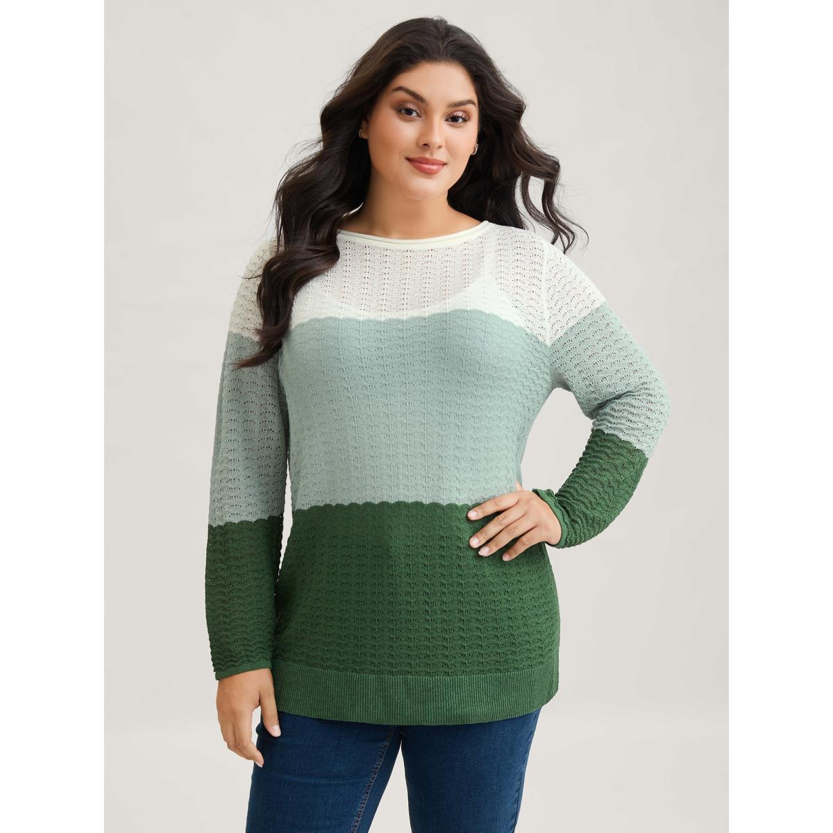 Plus Size Color Contrast Boat Neck Lightweight Pullover Moss Women Casual Loose Long Sleeve Boat Neck Everyday Pullovers BloomChic 12/L Product Image