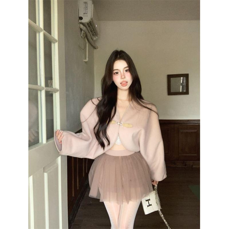 V-Neck Plain Buckled Crop Jacket / Mid Waist Plain Mini A-Line Skirt Product Image