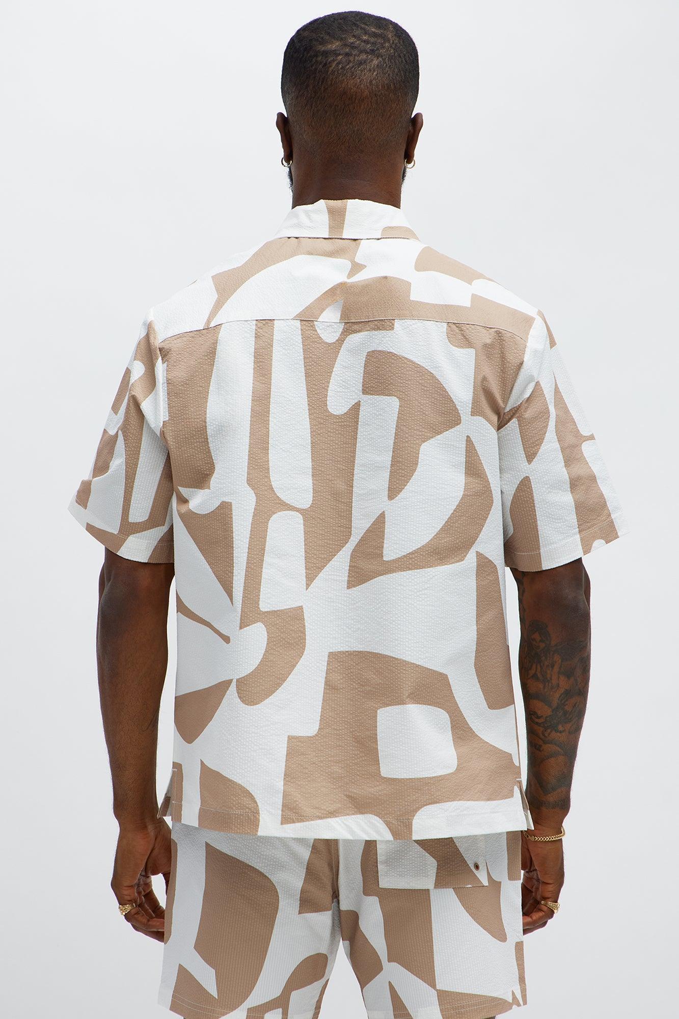 Seersucker Abstract Geo Printed Closed Collar Shirt - Tan/Multi Product Image