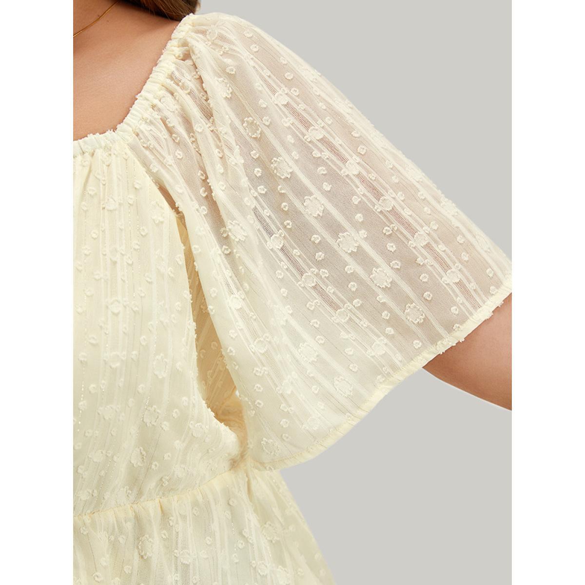 Plus Size Ivory Plisse Mesh Square Neck Elastic Waist Blouse Women Elegant Short sleeve Square Neck Dailywear Blouses BloomChic 10/M Product Image