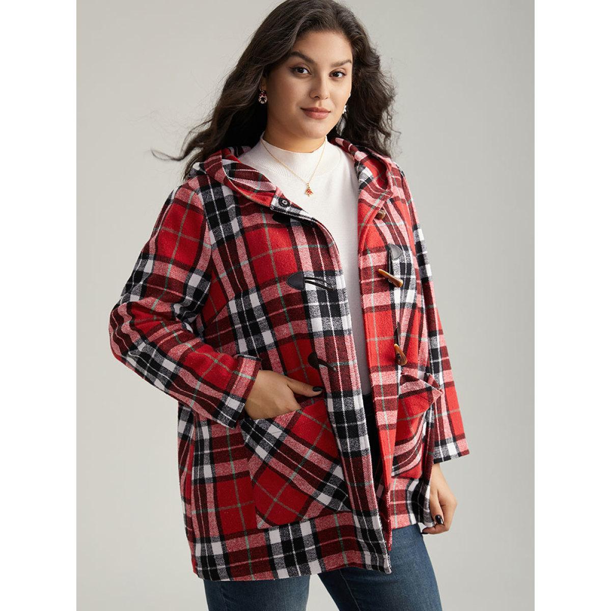 Plus Size Plaid Hooded Pocket Duffle Button Coat Women Crimson Casual Contrast Ladies Dailywear Winter Coats BloomChic 10/M Product Image