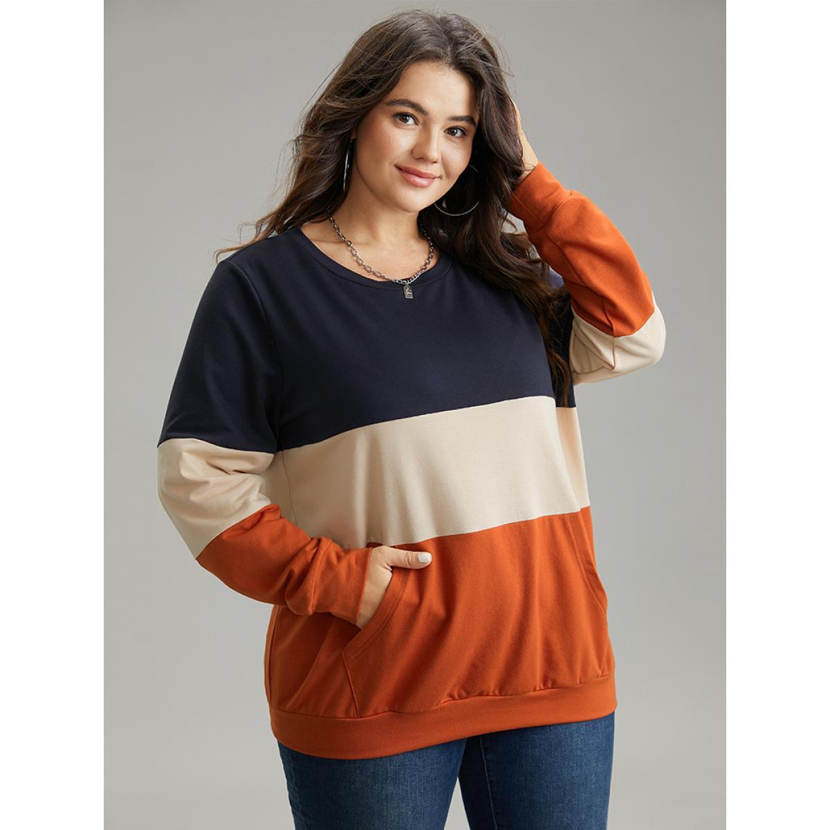 Plus Size Colorblock Contrast Crew Neck Kangaroo Pocket Sweatshirt Women Multicolor Casual Contrast Round Neck Dailywear Sweatshirts BloomChic 22-24/3X Product Image