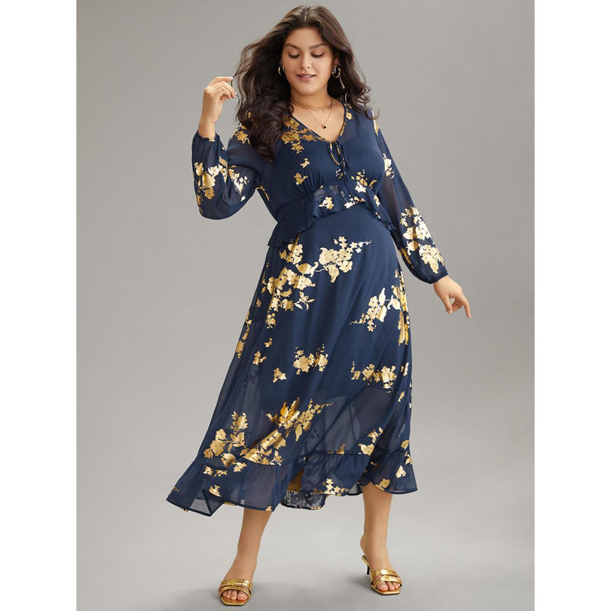 Plus Size Silhouette Floral Print Ruffles Ties Mesh Gathered Dress Navy Women Elegant Elastic cuffs Tie Neck Long Sleeve Curvy Midi Dress BloomChic 12/L Product Image