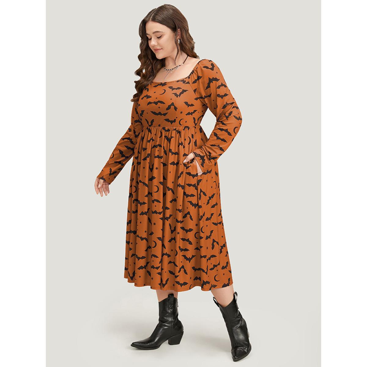 Plus Size Halloween Bat Print Pocket Square Neck Dress Rust Women Casual Gathered Square Neck Long Sleeve Curvy Midi Dress BloomChic 10/M Product Image