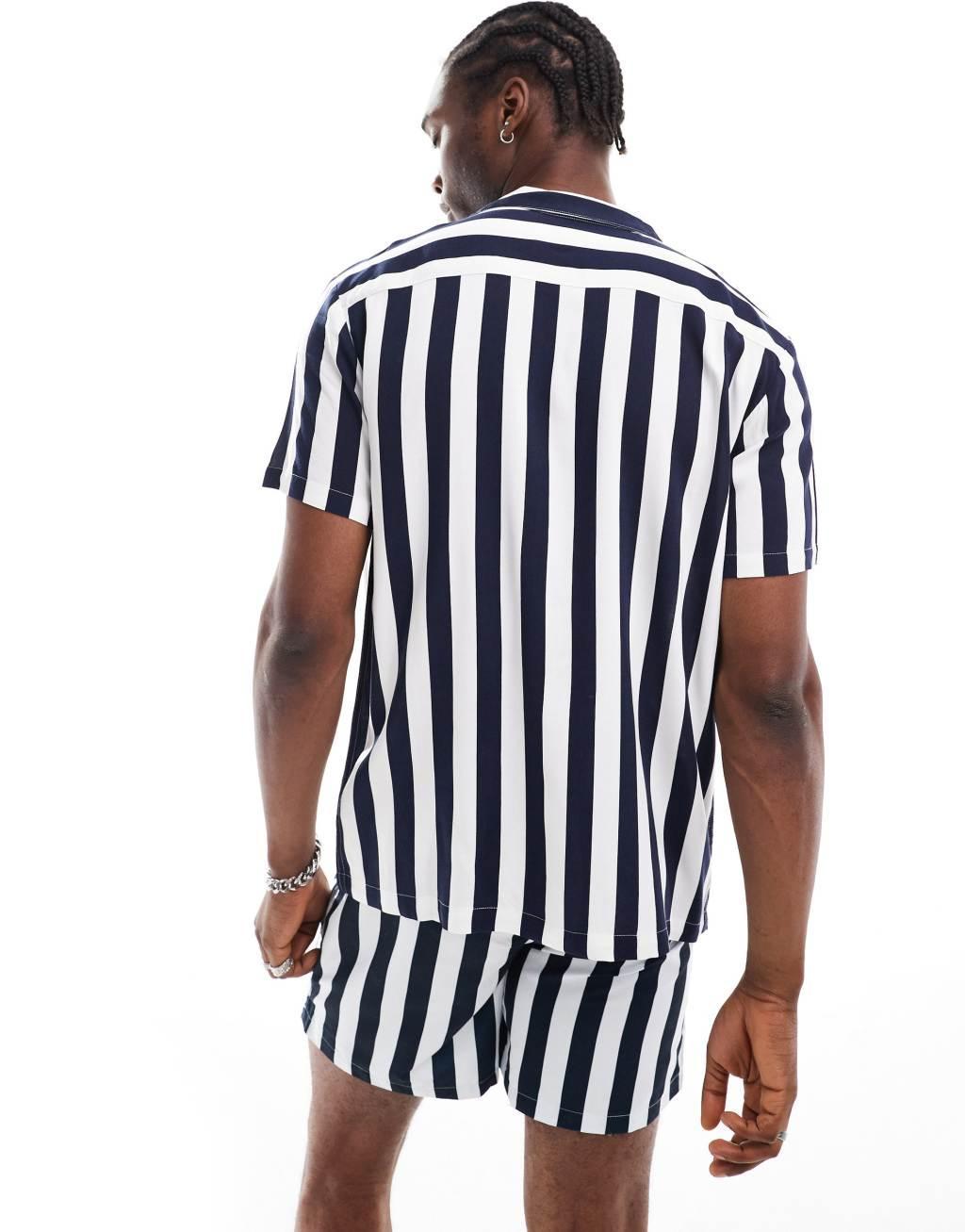 Hunky Trunks beach shirt in navy and white stripe - part of a set Product Image