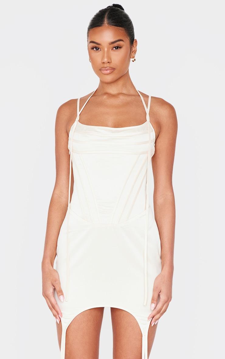 Champagne Satin Corset Bodice Mini Dress Product Image