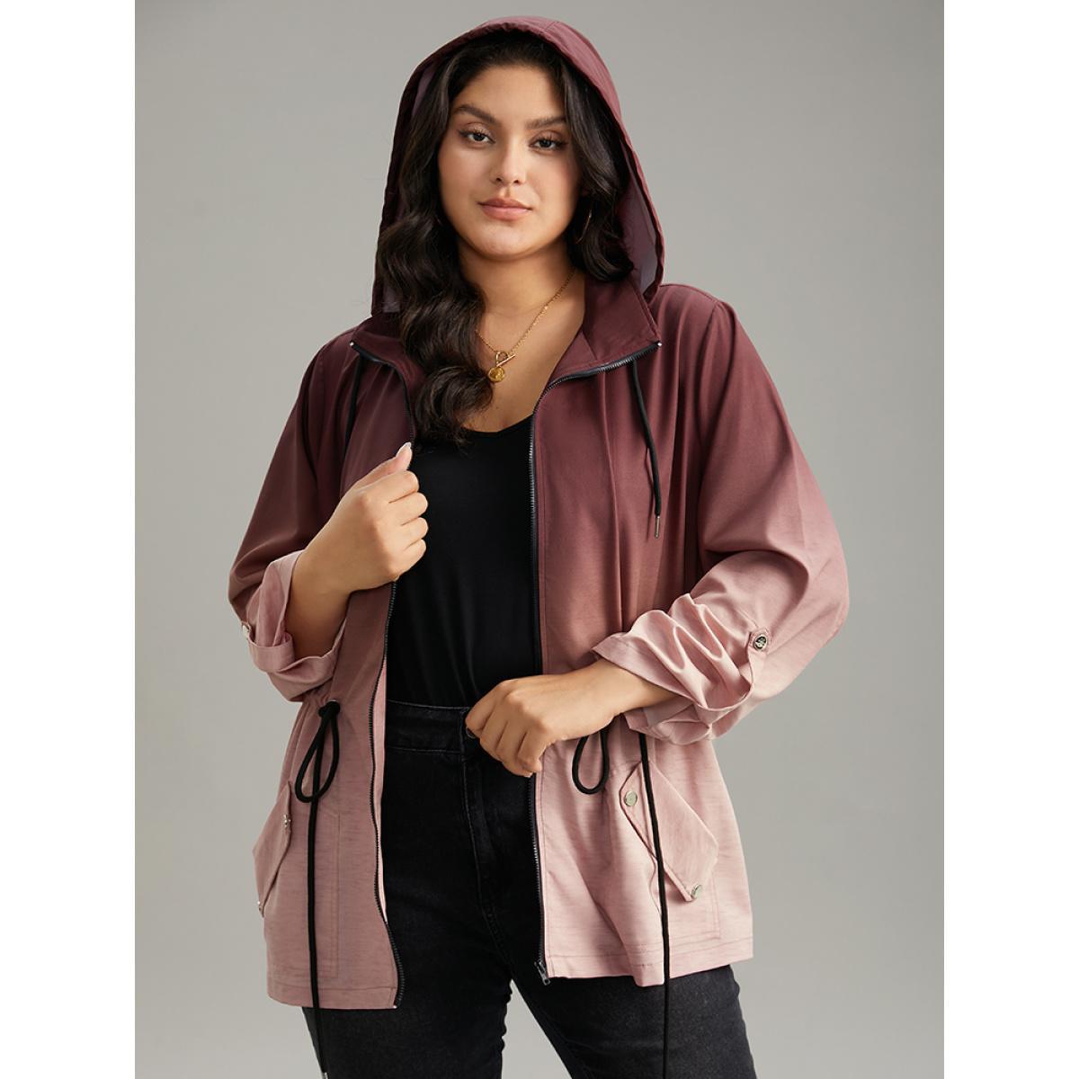 Plus Size Ombre Zipper Drawstring Pocket Tab Sleeve Jacket Women Scarlet Zipper Pocket Everyday Jackets BloomChic 10/M Product Image