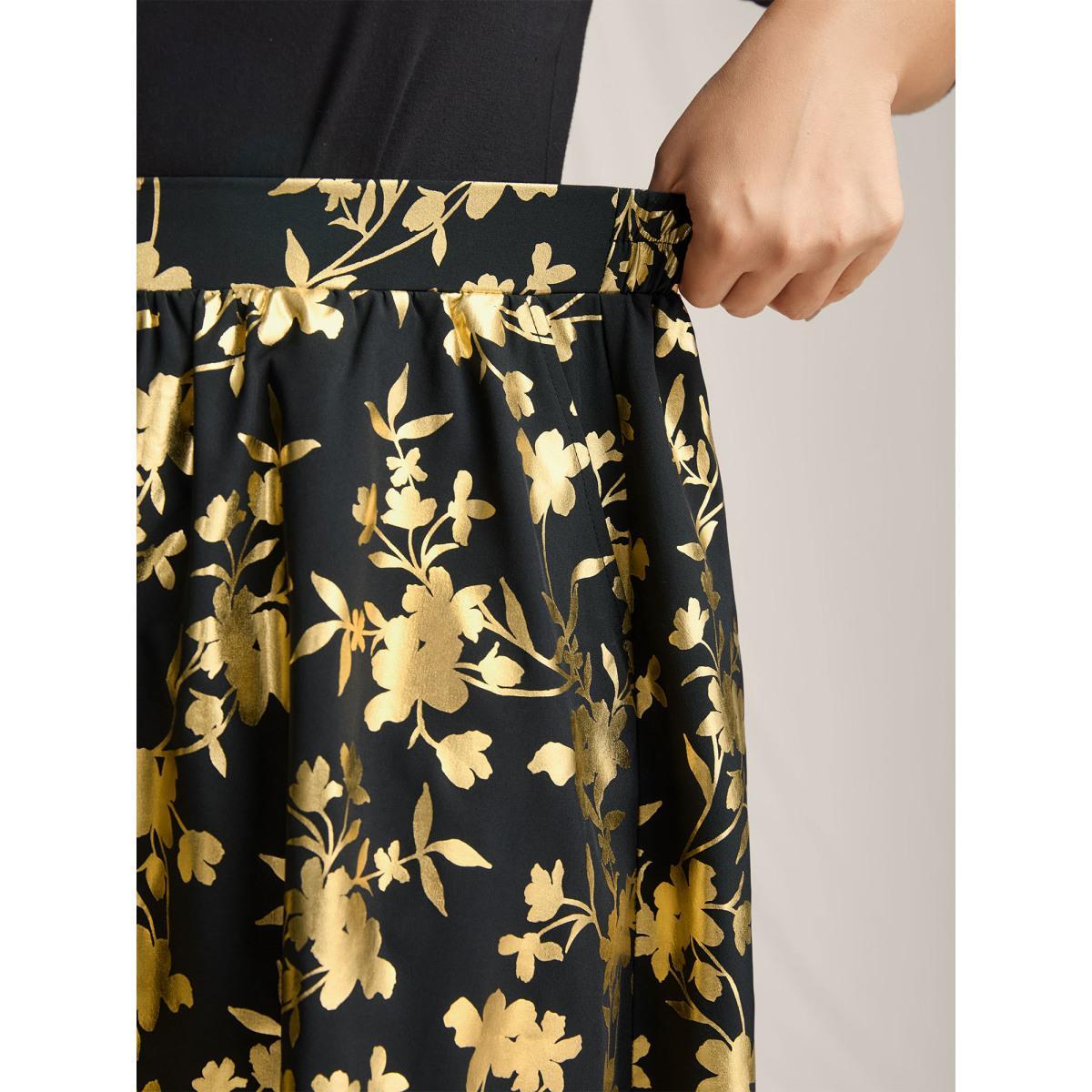 Plus Size Shimmery Floral Hot Stamping Midi Skirt Women Black Contrast Bodycon Low stretch Slanted pocket Party Skirts BloomChic 18-20/2X Product Image