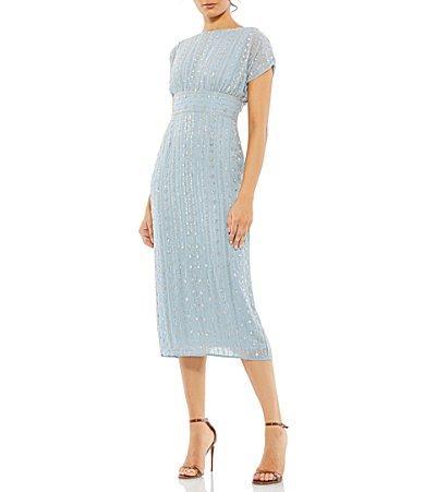 Mac Duggal Beaded Chiffon Short Sleeve Boat Neck Sheath Midi Dress Product Image