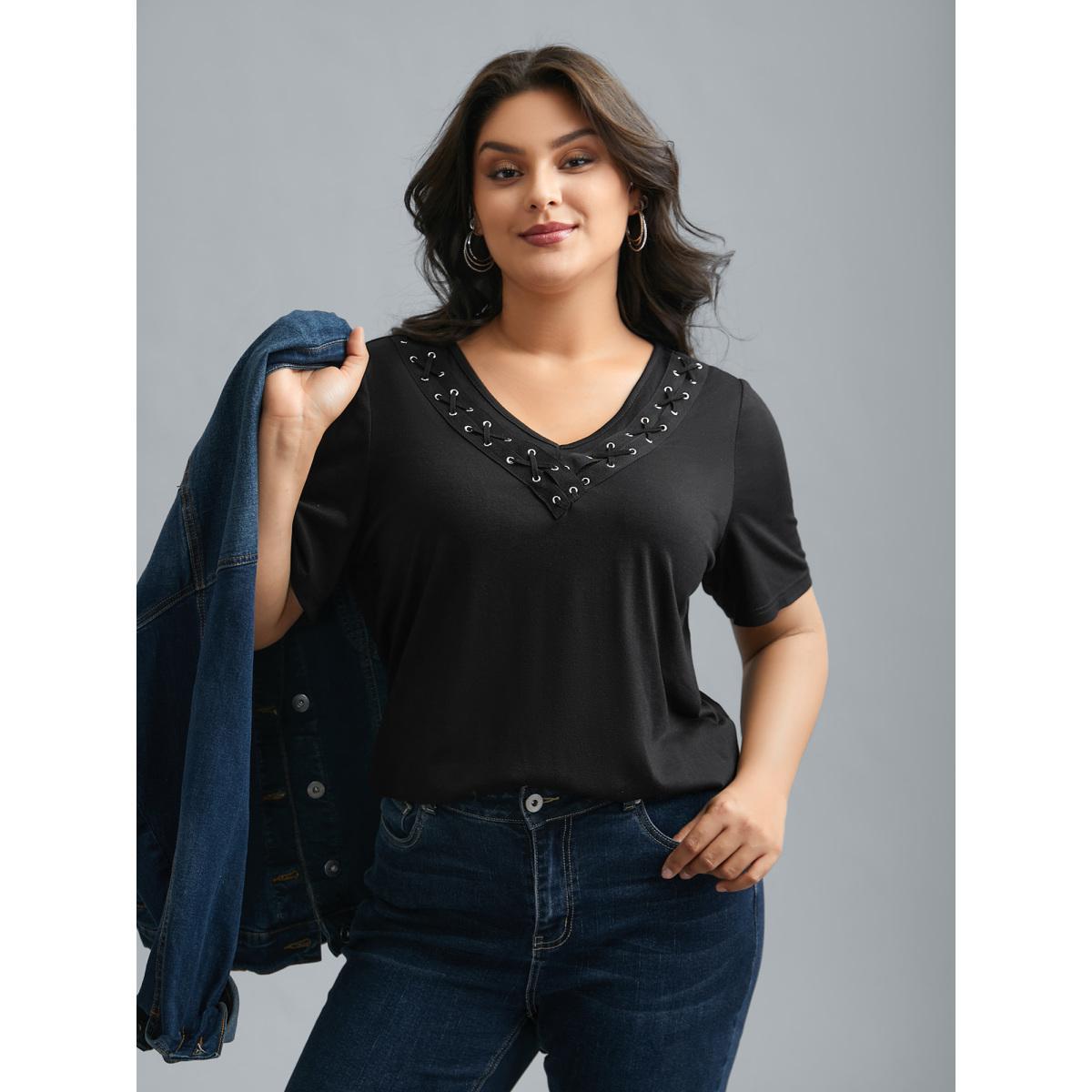 Plus Size Stretchy V-Neck Hollow Fitted T-Shirt Black Women Casual Eyelet V-neck Everyday T-shirts BloomChic 22-24/3X Product Image