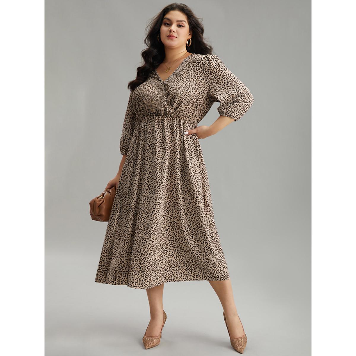 Plus Size Leopard Print Elastic Waist Wrap Dress LightBrown Women Office Elastic cuffs Overlap Collar Elbow-length sleeve Curvy Midi Dress BloomChic 18-20/2X Product Image