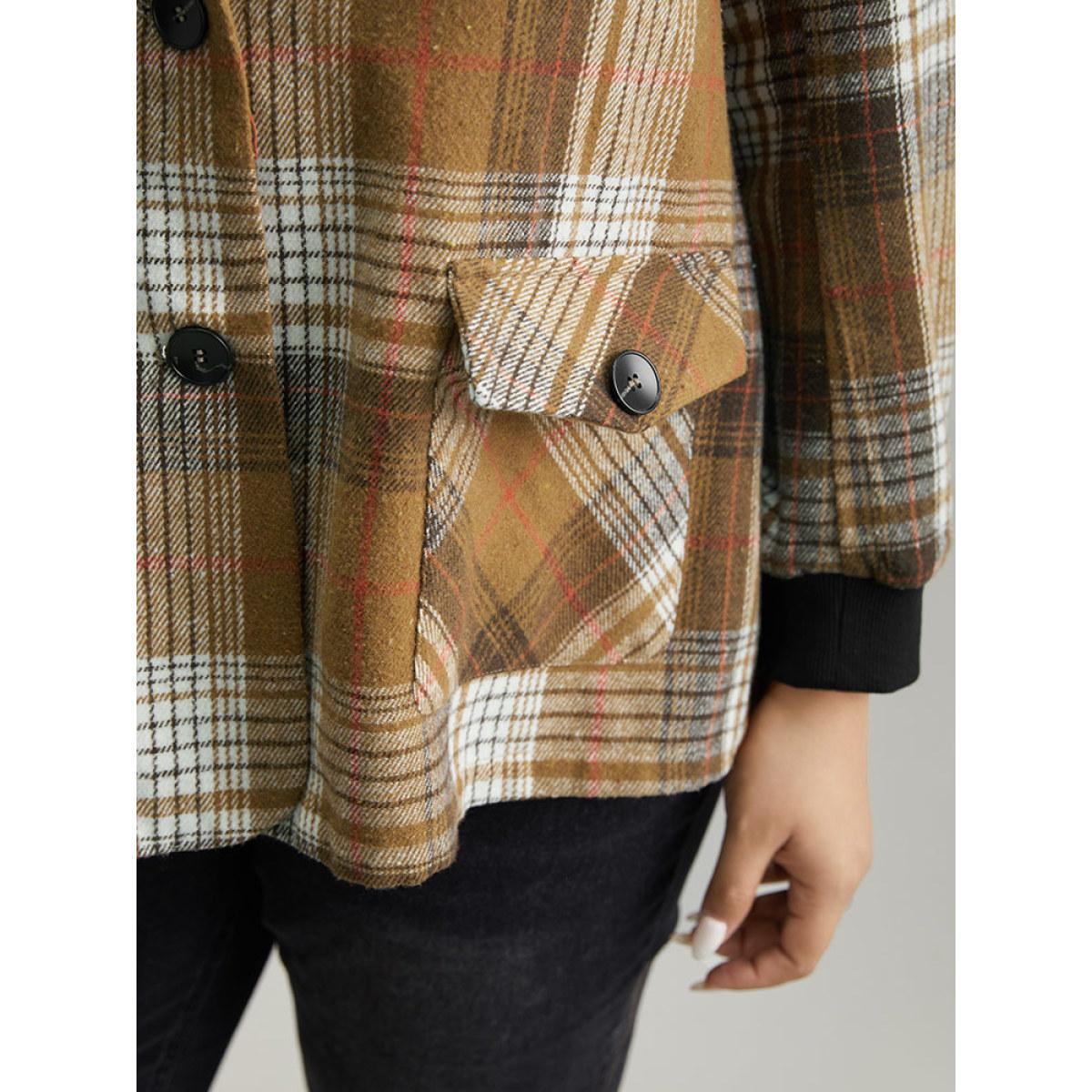 Plus Size Lapel Collar Plaid Button Up Blazer Bronze Women Work Plaid Contrast Sleeve Long Sleeve Lapel Collar 14-16/1X Pocket Office Blazers BloomChic Product Image