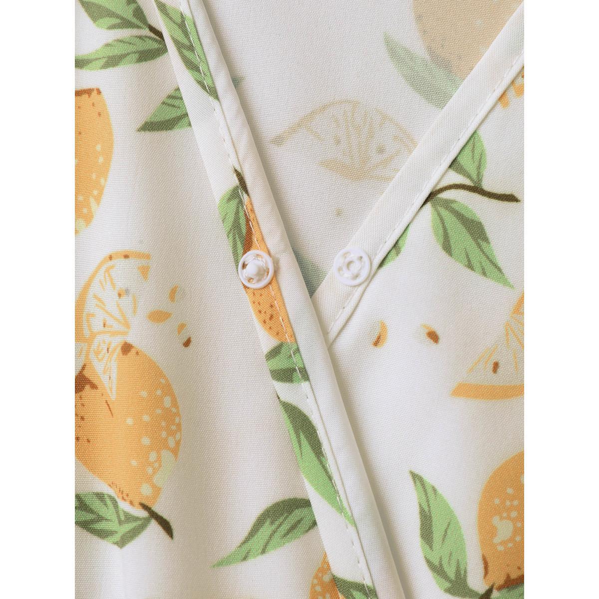 Plus Size Lemon Print Surplice Stretchy Waist Midi Dress Ivory Women Elegant Overlapping Overlap Collar Short sleeve Curvy BloomChic 26/4X Product Image