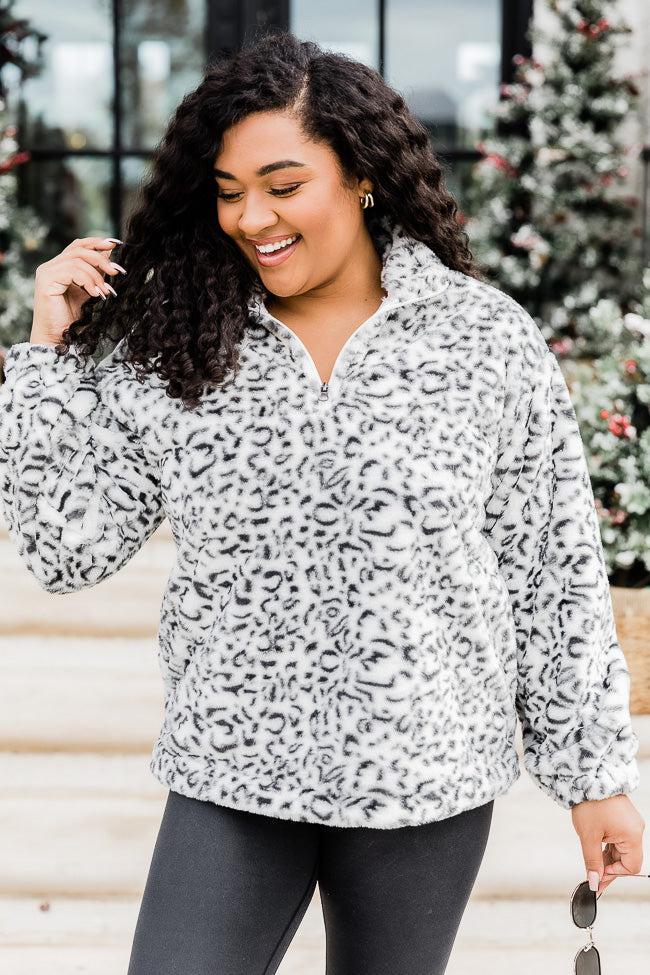 Too Much Fun Fuzzy Black And Ivory Leopard Print Quarter Zip FINAL SALE Product Image