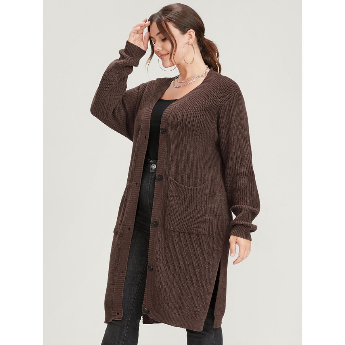 Plus Size Plain Pointelle Knit Split Hem Pocket Button Front Long Cardigan DarkBrown Women Casual Loose Long Sleeve Dailywear Cardigans BloomChic 12/L Product Image