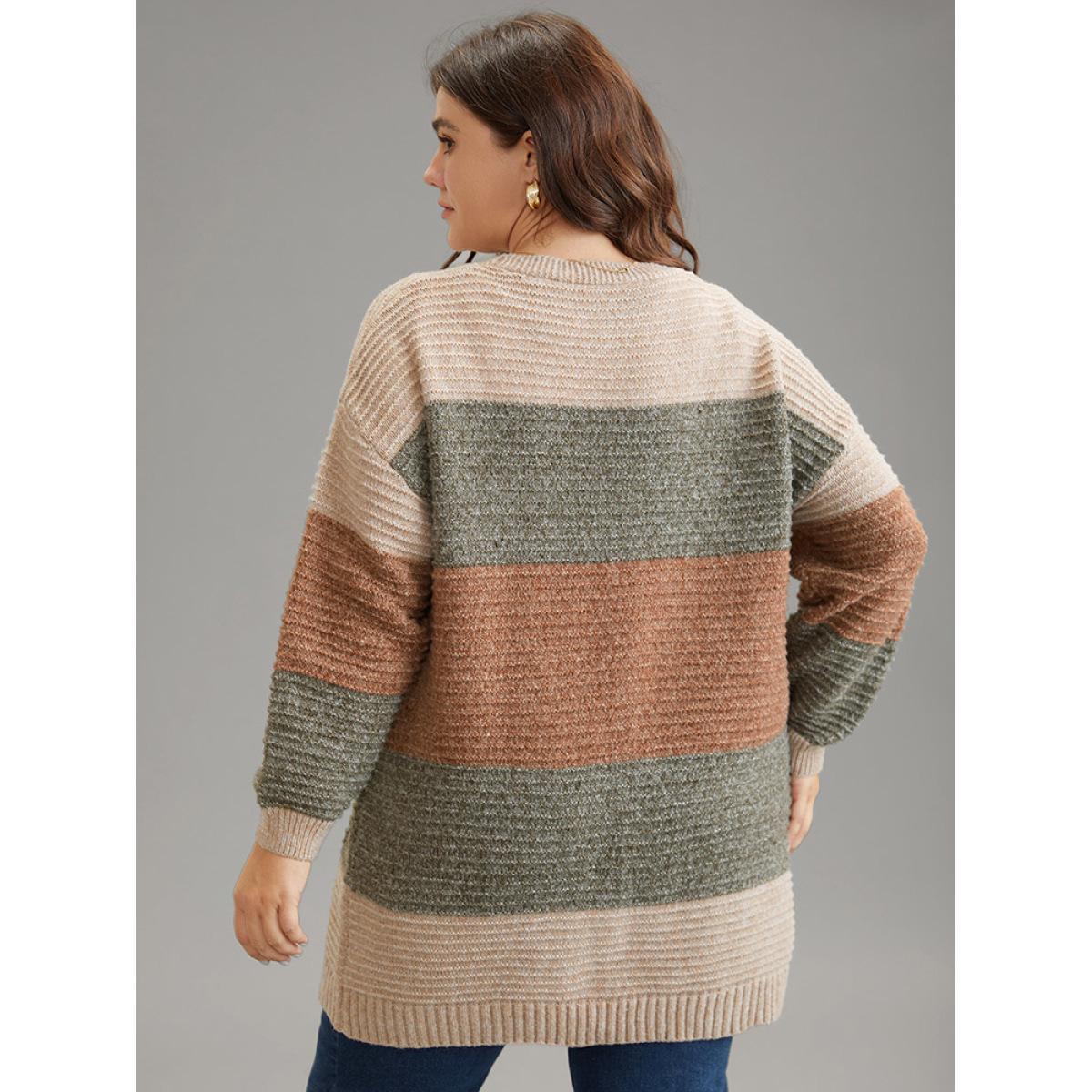 Plus Size Plisse Colorblock Patched Pocket Open Front Cardigan Multicolor Women Casual Loose Long Sleeve Dailywear Cardigans BloomChic 22-24/3X Product Image