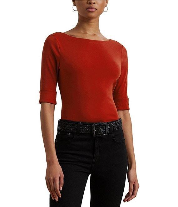 Lauren Ralph Lauren Stretch Cotton Boatneck Elbow-Length Sleeve T-Shirt Product Image