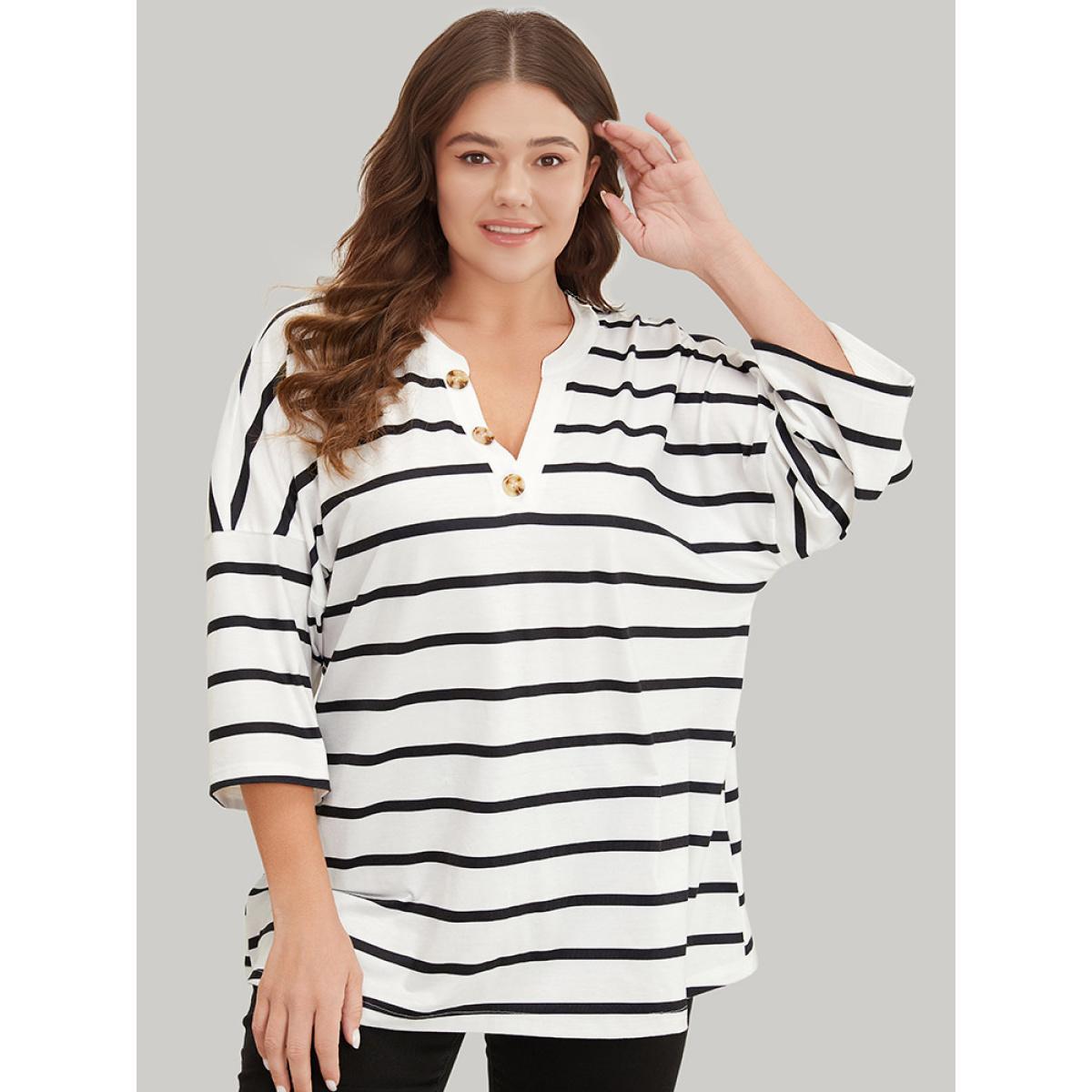 Plus Size Striped Print Button Detail Notched T-shirt White Women Casual Button Striped Notched collar Dailywear T-shirts BloomChic 28/5X Product Image