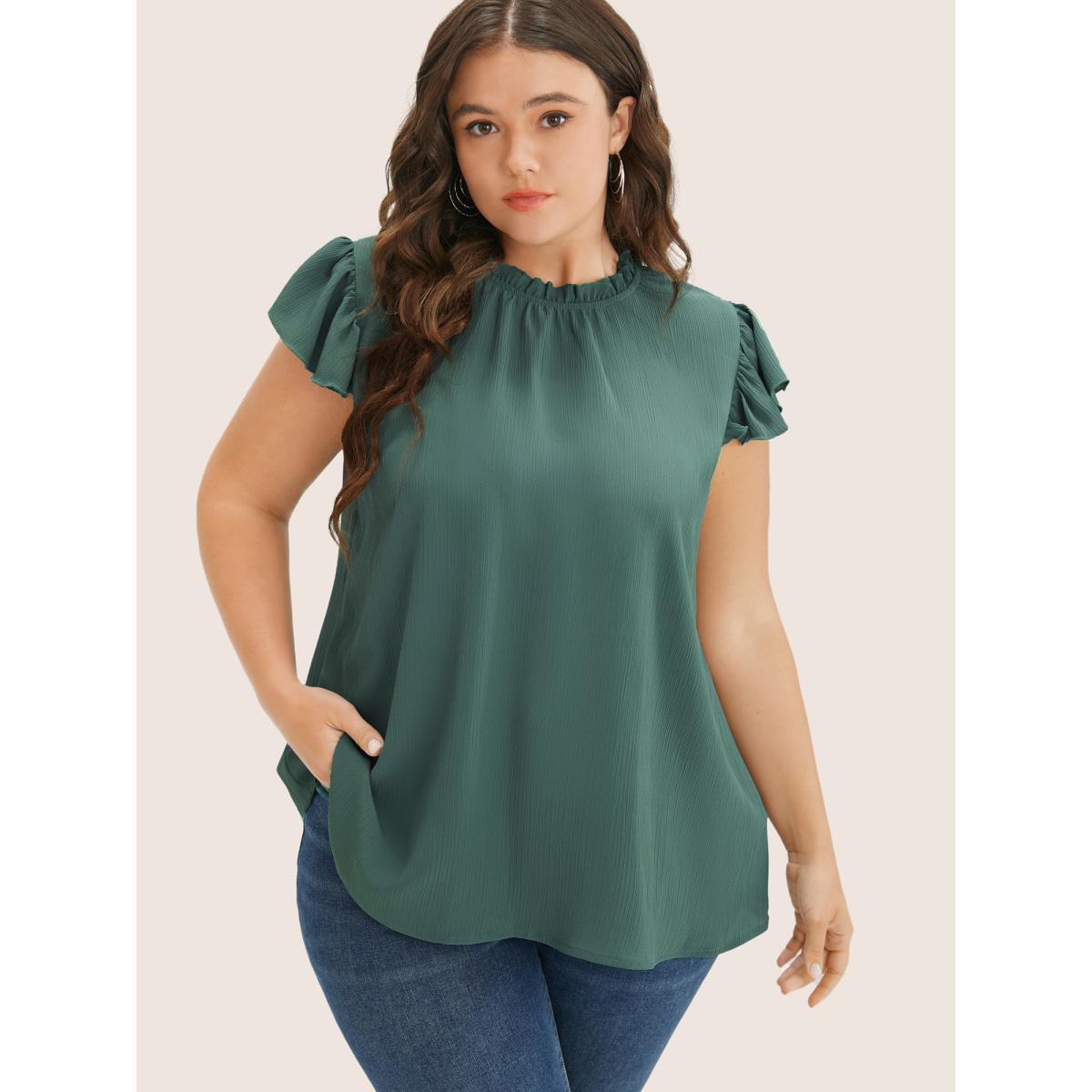 Plus Size Mint Plain Mock Neck Cap Sleeve Ruffle Trim Blouse Women Elegant Short sleeve Mock Neck Everyday Blouses BloomChic 12/L Product Image
