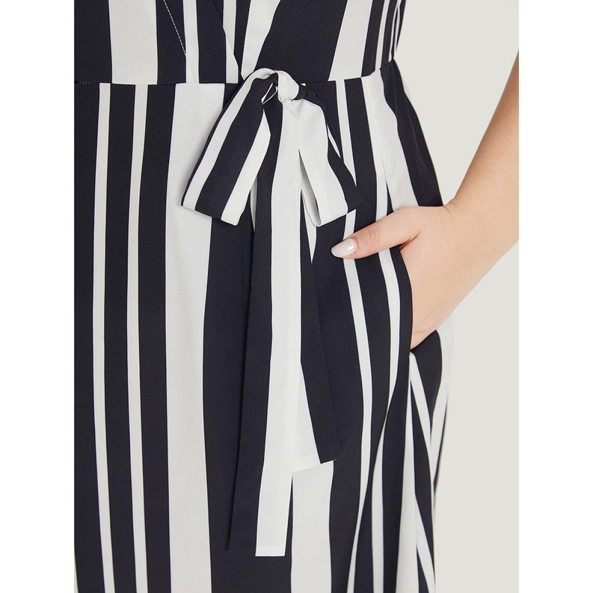 Plus Size Striped Print Bowknot Pocket Surplice Neck Dress Black Women Elegant Bowknot V-neck Short sleeve Curvy Knee Dress BloomChic 30/6X Product Image