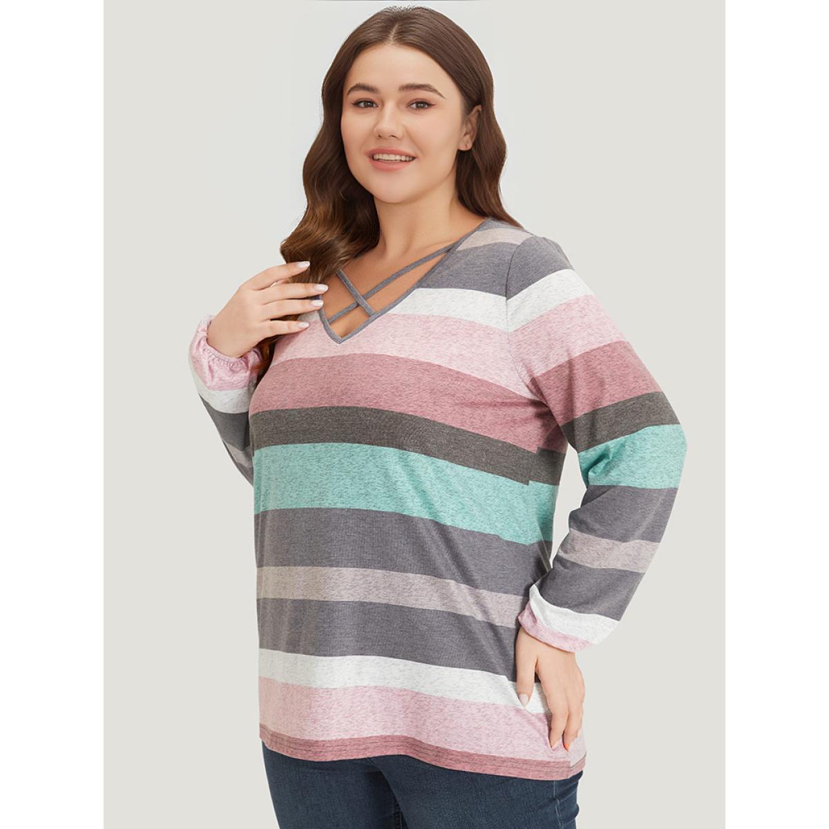 Plus Size Colour Striped Contrast Crisscross Lantern Sleeve T-shirt Multicolor Women Casual Elastic cuffs Striped V-neck Dailywear T-shirts BloomChic 30/6X Product Image