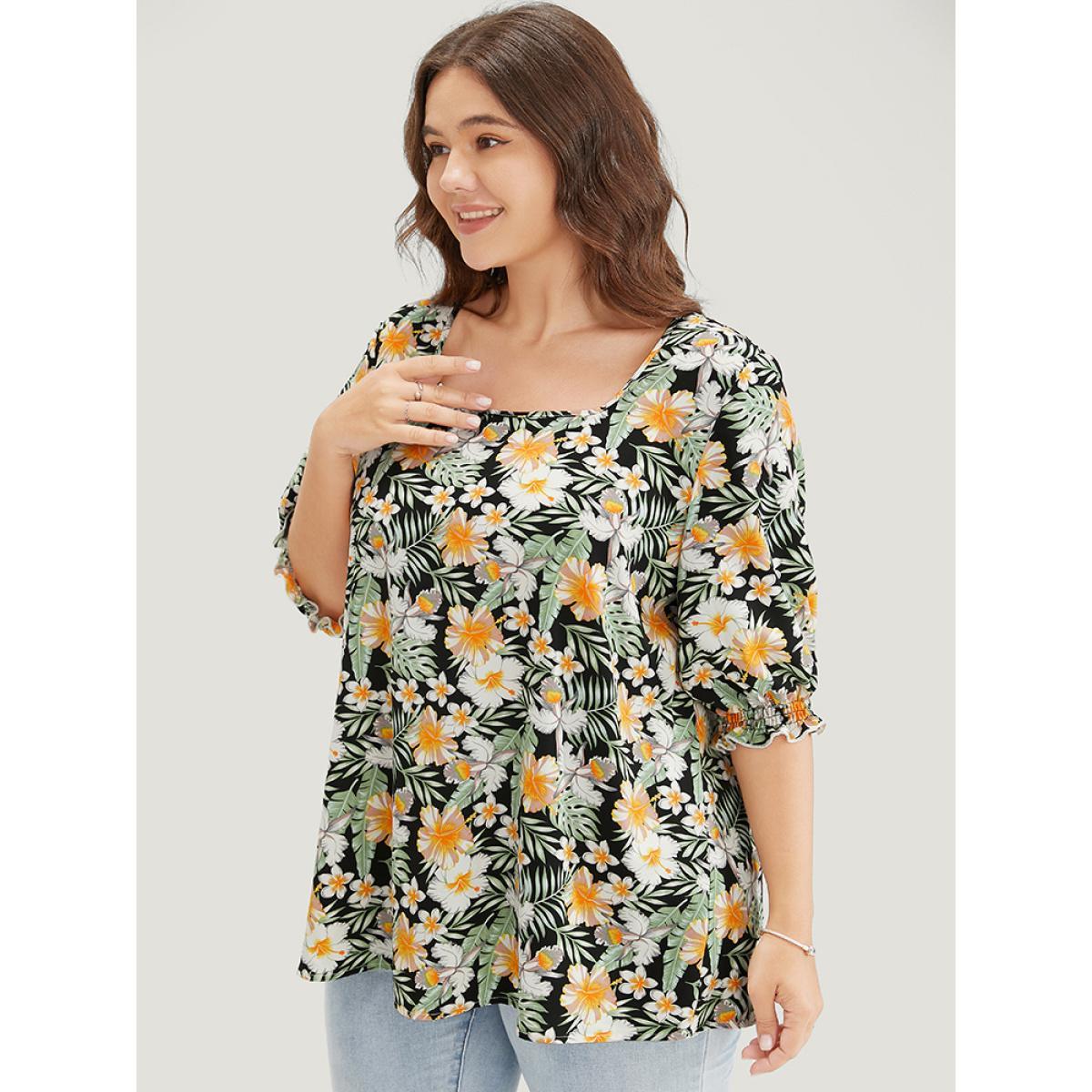 Plus Size BlackFlower Tropical Print Puff Sleeve Ruffles Trim Square Neck Blouse Women Vacation Elbow-length sleeve Square Neck Dailywear Blouses BloomChic 14-16/1X Product Image
