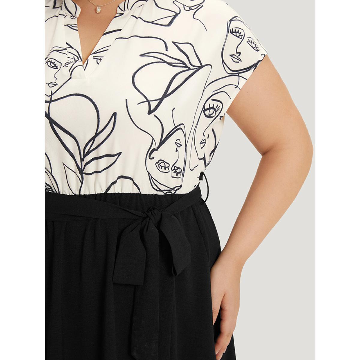 Plus Size Figure Graffiti Notched Patchwork Belted Dress Ivory Women Office Lined Notched collar Short sleeve Curvy Midi Dress BloomChic 18-20/2X Product Image