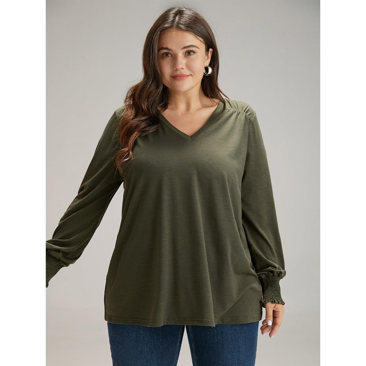 Plus Size Plain V Neck Gathered Shirred Sleeve T-shirt ArmyGreen Women Casual Elastic cuffs Plain V-neck Everyday T-shirts BloomChic 14-16/1X Product Image