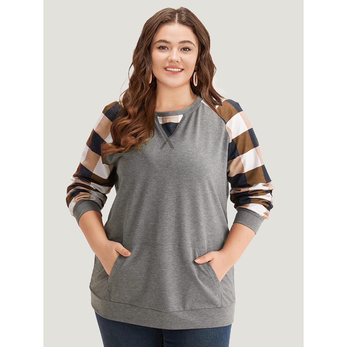 Plus Size Colorblock Contrast Pocket Stitch Sweatshirt Women Gray Casual Elastic cuffs Round Neck Dailywear Sweatshirts BloomChic 10/M Product Image