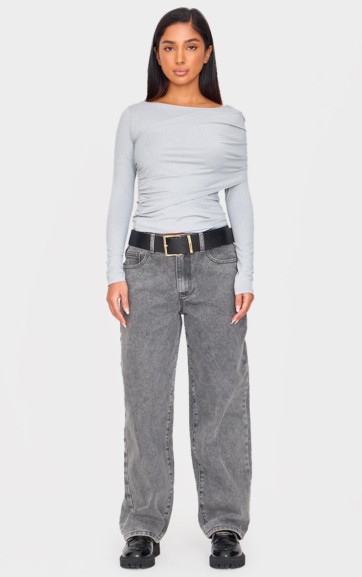 Petite Grey Slinky Drape Detail Long Sleeve Top Product Image