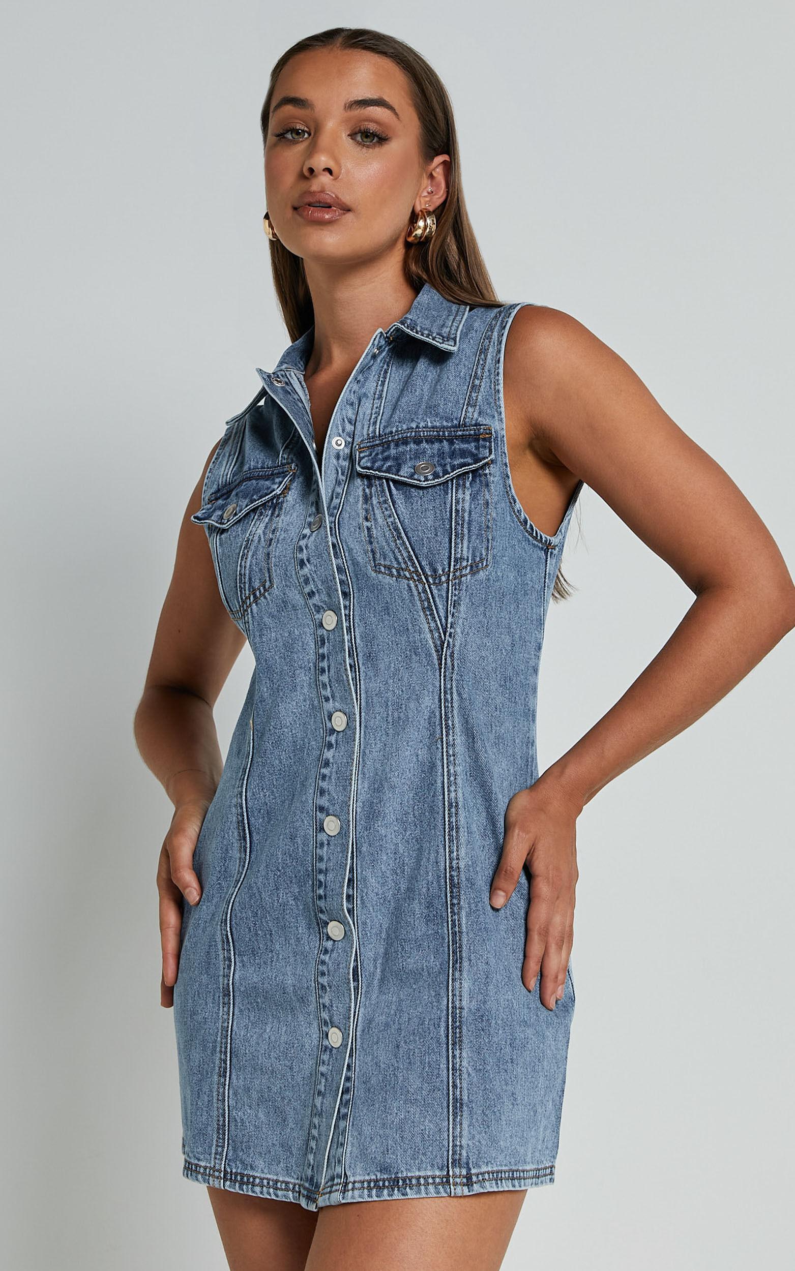 Gigie Mini Dress - Button Front Collared Denim in Mid Blue Wash Product Image