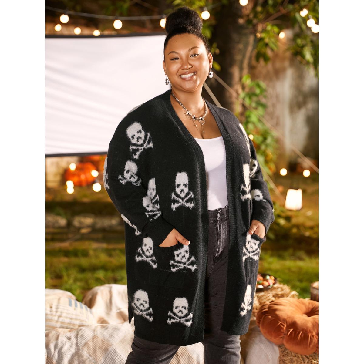 Plus Size Skull Pattern Plus Jacquard Open Cardigan Black Women Casual Loose Long Sleeve Everyday Cardigans BloomChic 12/L Product Image