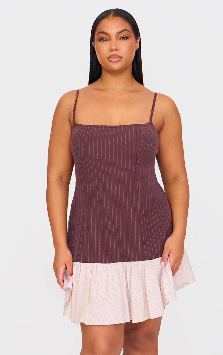Plus Brown Contrast Pinstripe Frill Hem Shift Dress Product Image