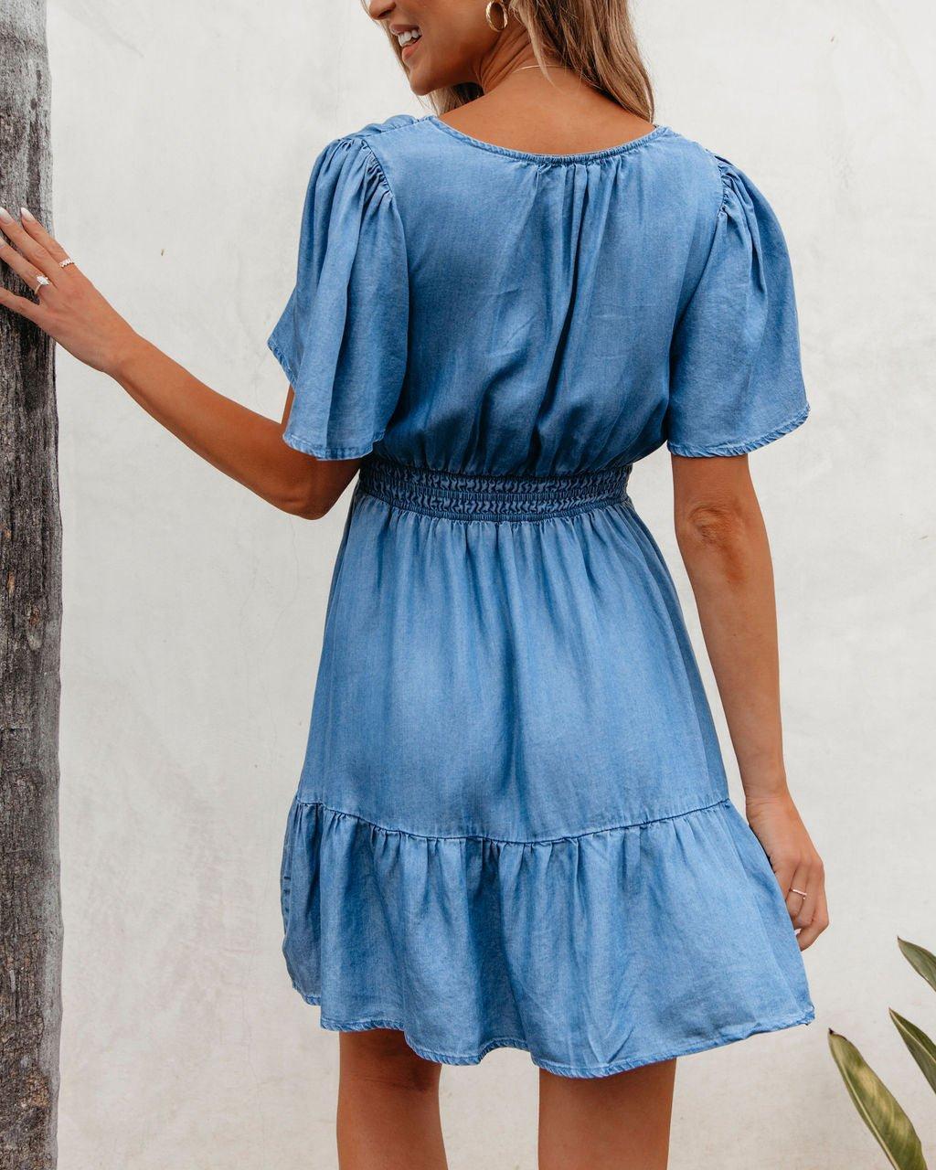 Chambray Split Neck Smocked Mini Dress Product Image