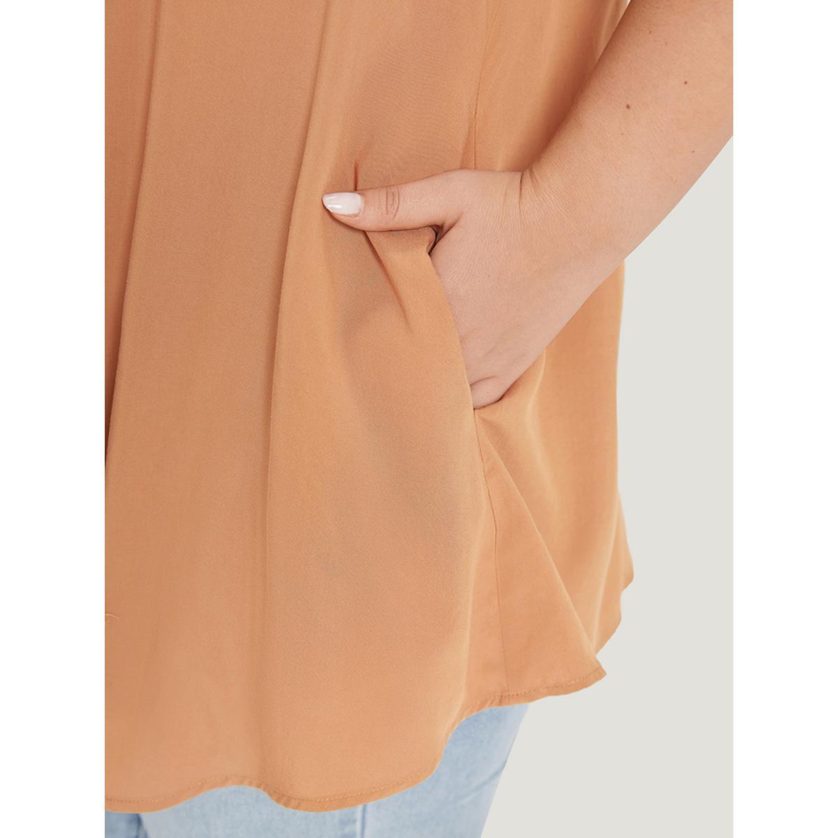 Plus Size Supersoft Essentials Plain Pocket Button Asymmetrical Hem Kimono Women Tan Casual Asymmetrical Pocket Dailywear Kimonos BloomChic 10/M Product Image