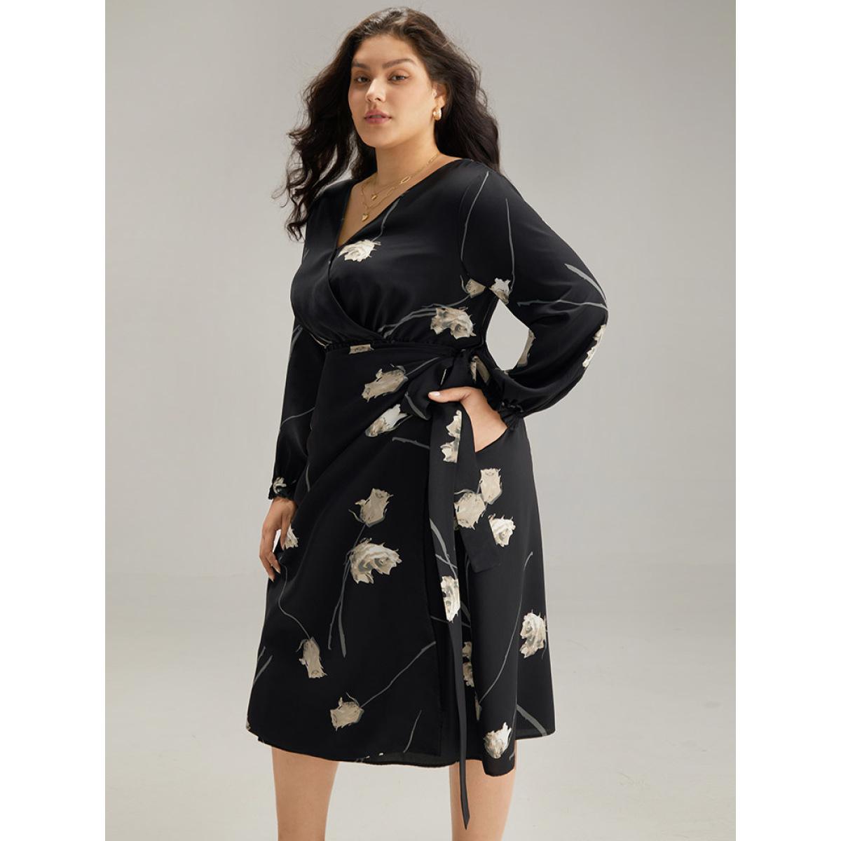 Plus Size Geometric Wrap Ties Lantern Sleeve Dress BlackFlower Women Office Cross straps V-neck Long Sleeve Curvy Midi Dress BloomChic 14-16/1X Product Image