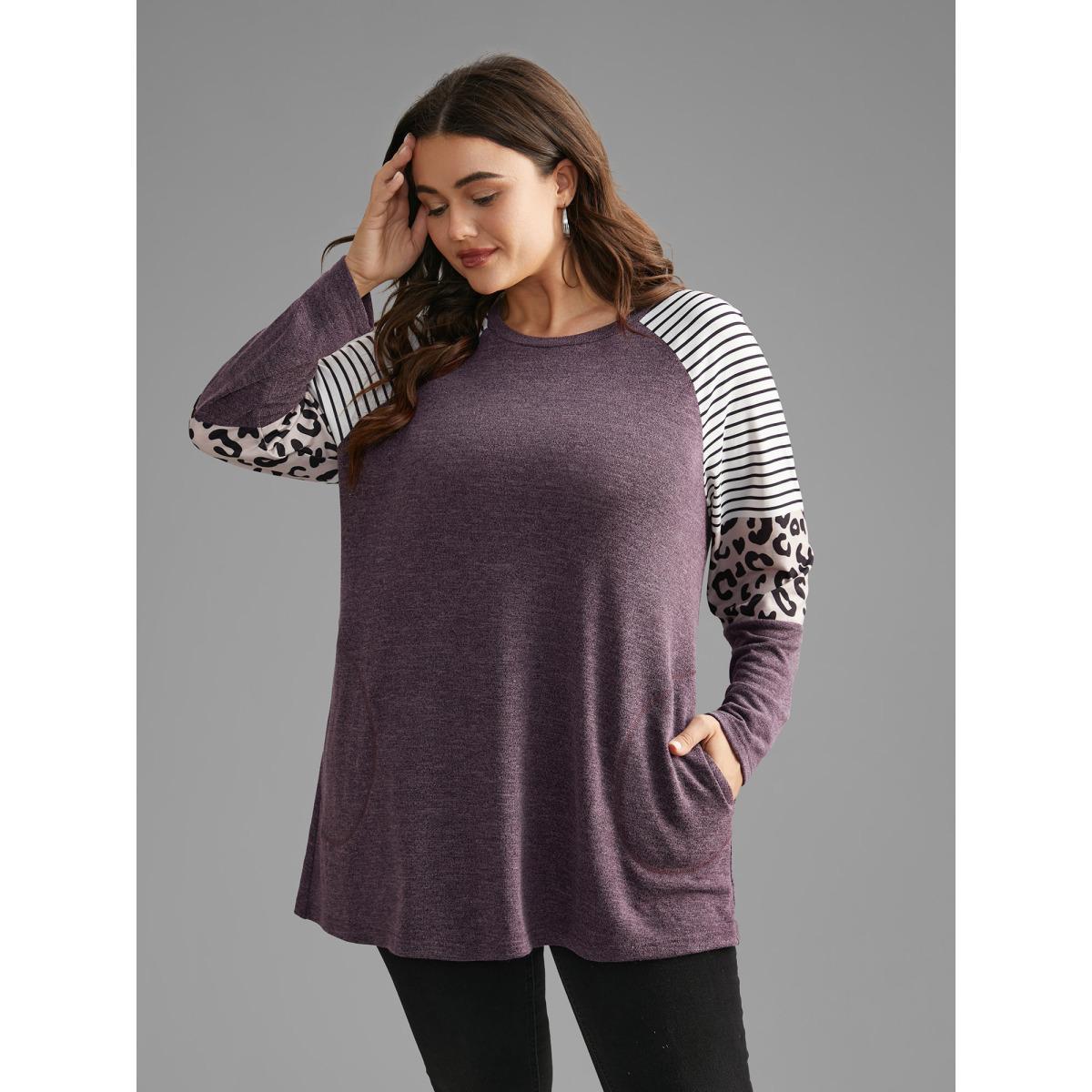 Plus Size Striped Patchwork Leopard Pocket T-shirt Eggplant Women Casual Contrast Round Neck Loose Everyday T-shirts BloomChic 30/6X Product Image
