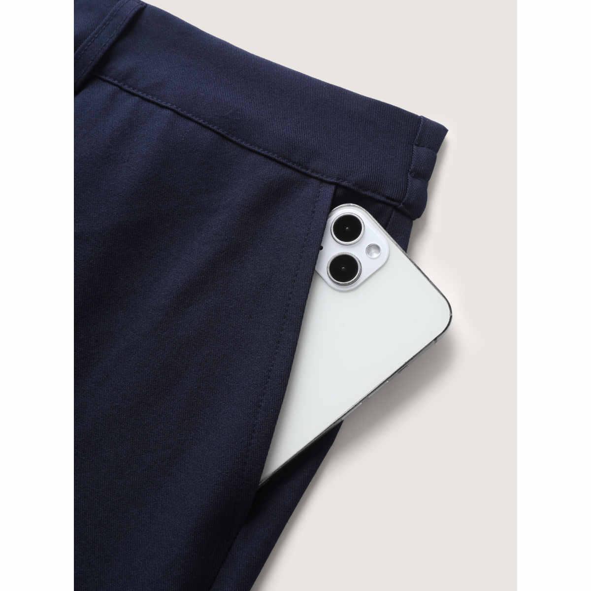 Plus Size Elastic Back Waist Metal Buckle Pants Women Indigo Loose Mid Rise Work Pants BloomChic 14-16/1X Product Image