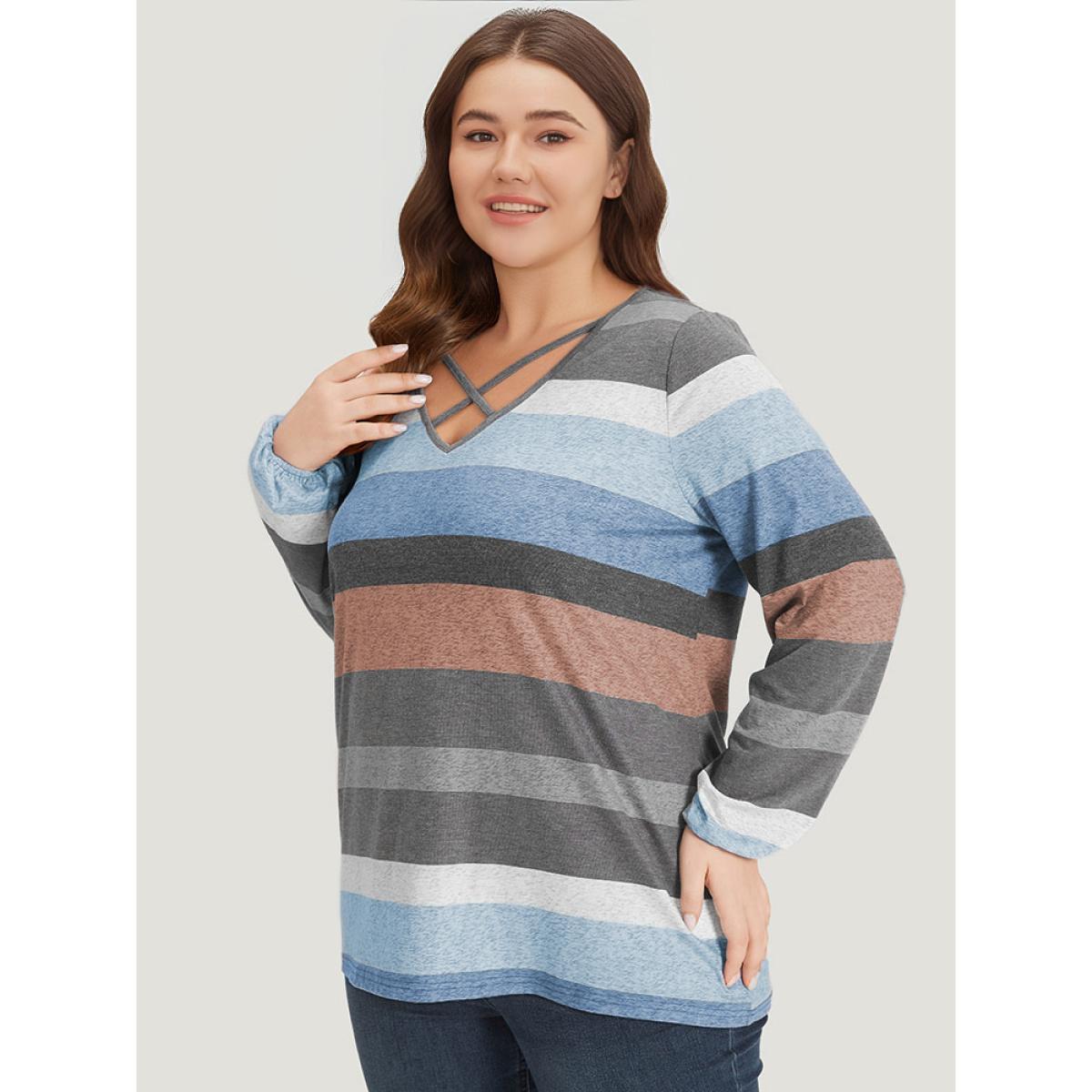 Plus Size Colour Striped Contrast Crisscross Lantern Sleeve T-shirt Blue Women Casual Elastic cuffs Striped V-neck Dailywear T-shirts BloomChic 30/6X Product Image