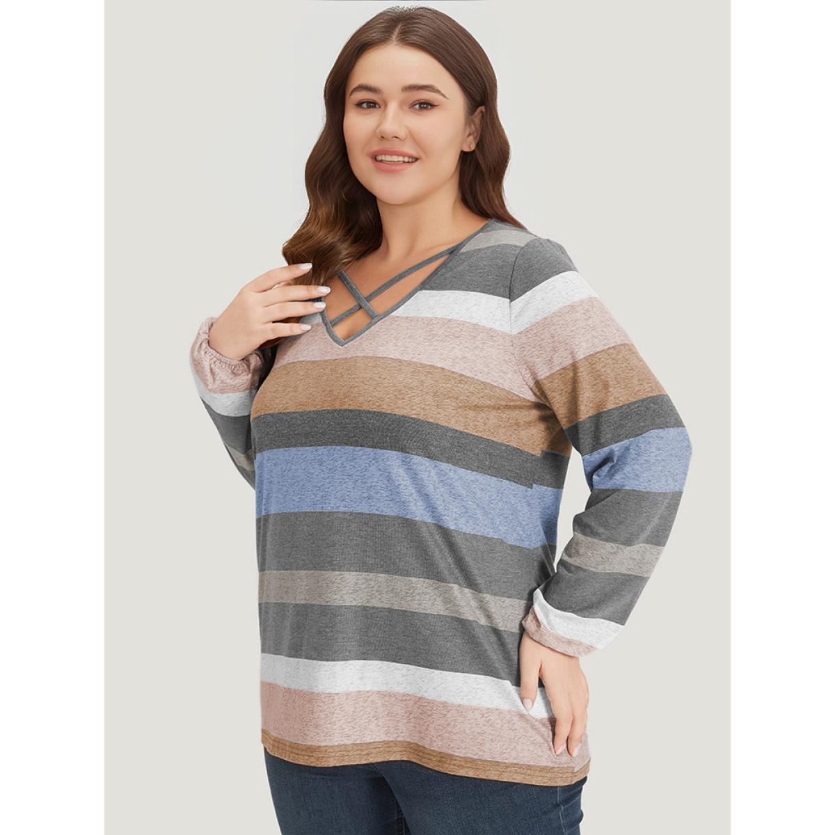 Plus Size Colour Striped Contrast Crisscross Lantern Sleeve T-shirt LightBrown Women Casual Elastic cuffs Striped V-neck Dailywear T-shirts BloomChic 10/M Product Image