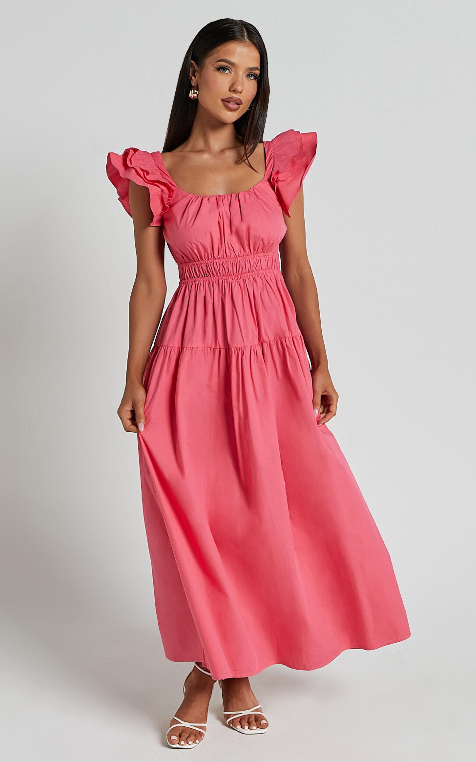 Arlene Midi Dress - Square Neck Shoulder Frill Tiered Dress in Berry Product Image