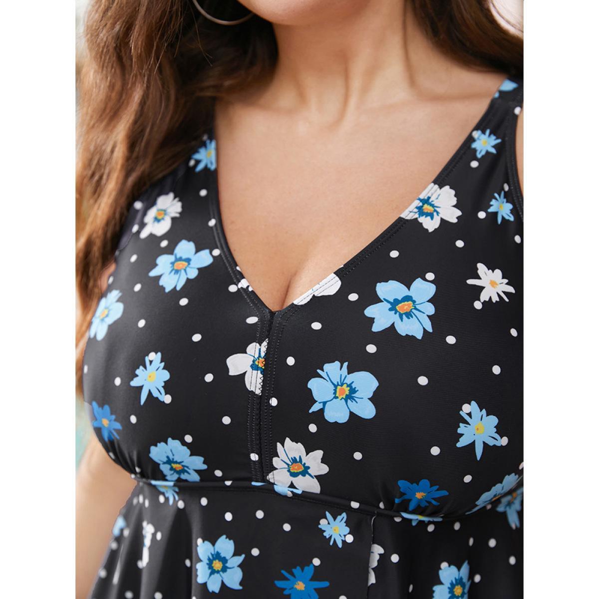 Plus Size Floral & Polka Dot V Neck Split Front Swim Dress Women's Swimwear BlackFlower Vacation Bodycon V-neck High stretch Curve Swim Dresses BloomChic 18-20/2X Product Image