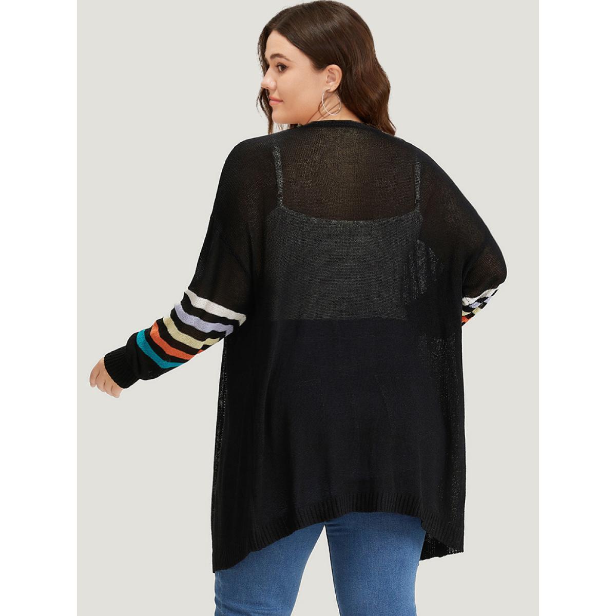 Plus Size Rainbow Striped Open Front Drop Shoulder Cardigan Black Women Casual Loose Long Sleeve Dailywear Cardigans BloomChic 10/M Product Image