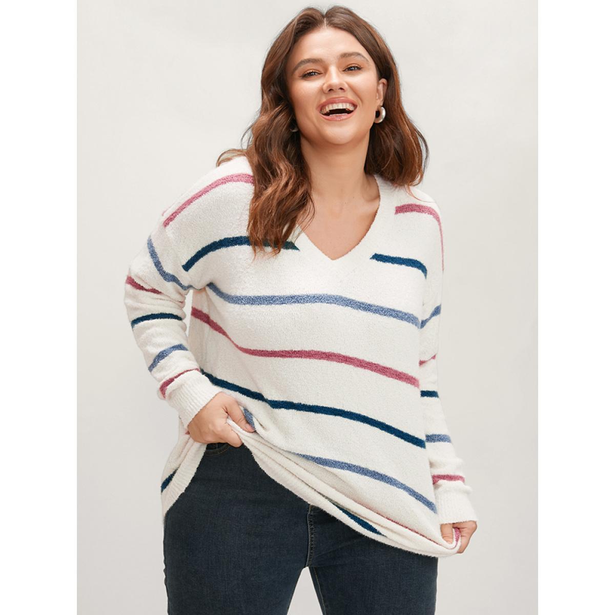 Plus Size Striped Contrast Super Soft Knit V Neck Fluffy Knit Top Ivory Women Elegant Loose Long Sleeve V-neck Dailywear Pullovers BloomChic 22-24/3X Product Image