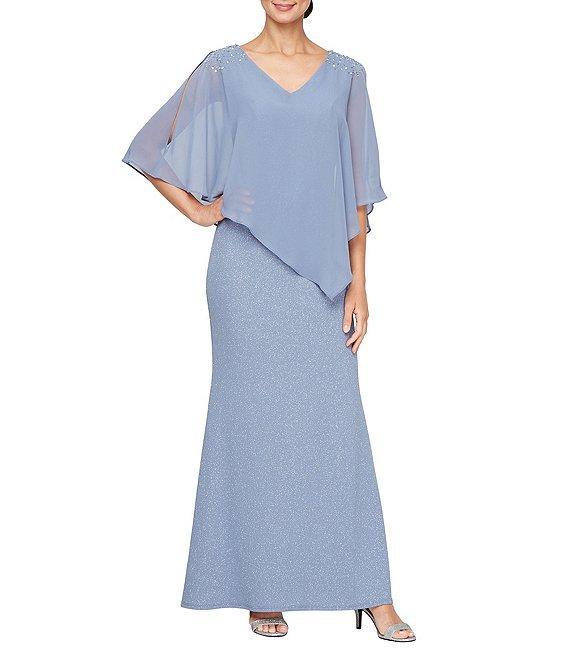 Ignite Evenings V-Neck 3/4 Chiffon Overlay Sleeve Metallic Knit Popover Gown Product Image