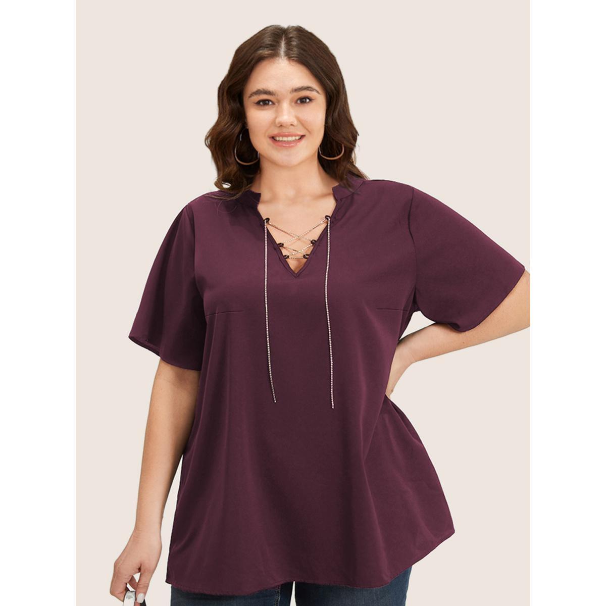 Plus Size Burgundy Solid Crisscross Notched Metal Decor Blouse Women Office Short sleeve Notched collar Work Blouses BloomChic 22-24/3X Product Image