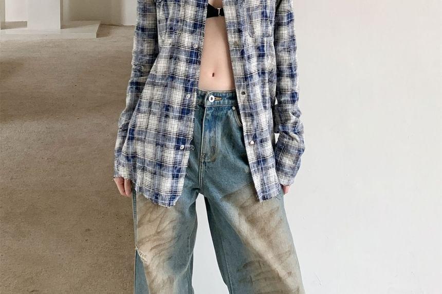 Long-Sleeve Plaid Pocket Detail Oversized Shirt Product Image